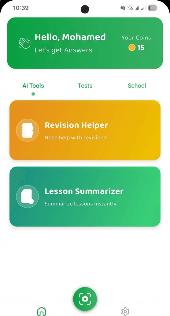 The Caalim app home screen with AI study tools