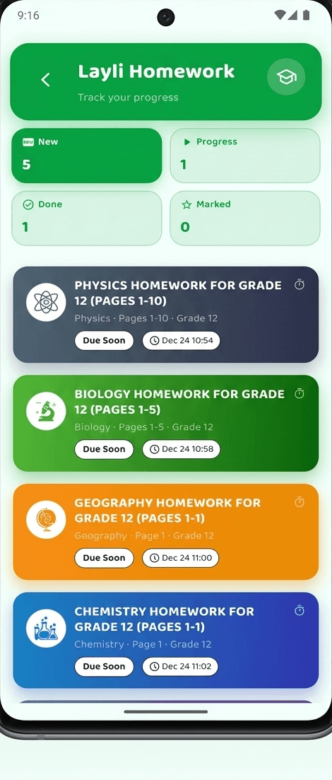 The Caalim app showing a student's assigned homework by subject